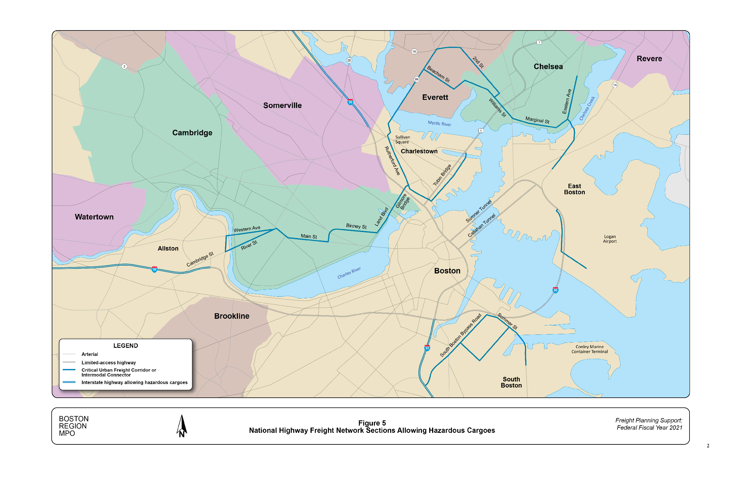 This figure is a map of key roadways in the Boston core area. The most important roadways allowing hazardous cargoes are highlighted.